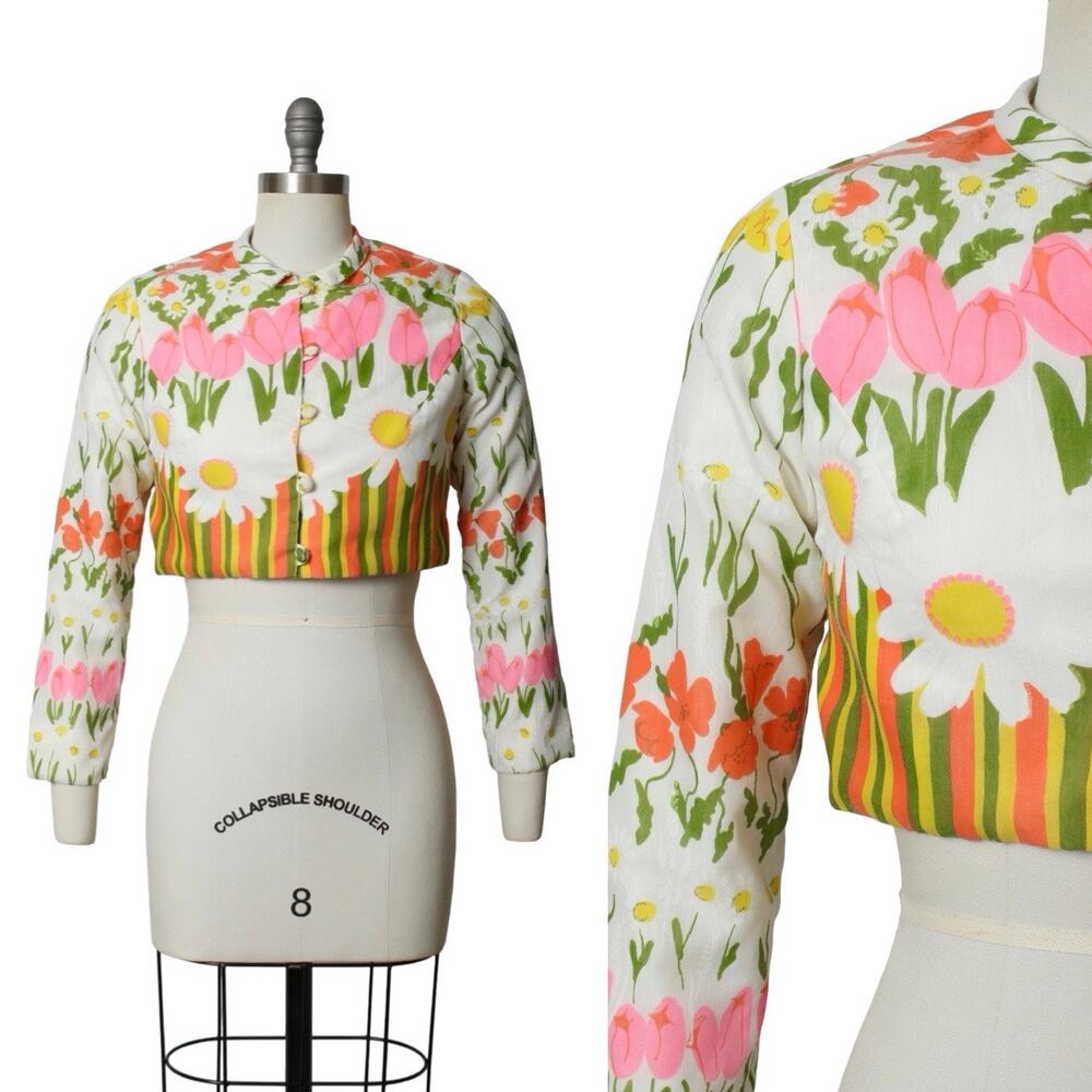 Vintage 1960s 1970s Crop Top 60s 70s Daisy Floral Border Print Cropped Jacket
